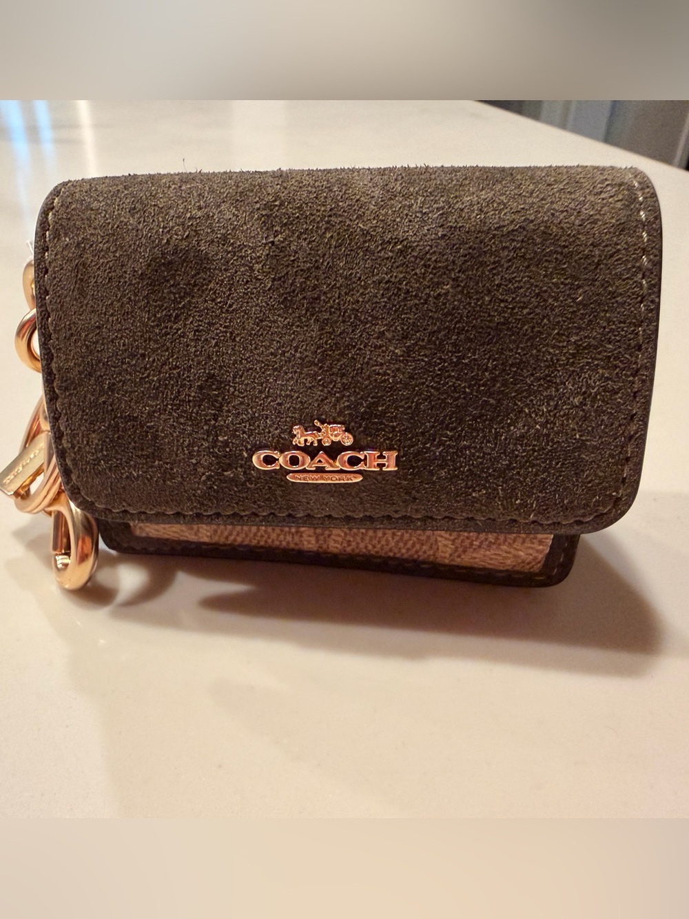 Mini NWT Coach Pocket Wallet in Olive green Suede with Signature Canvas